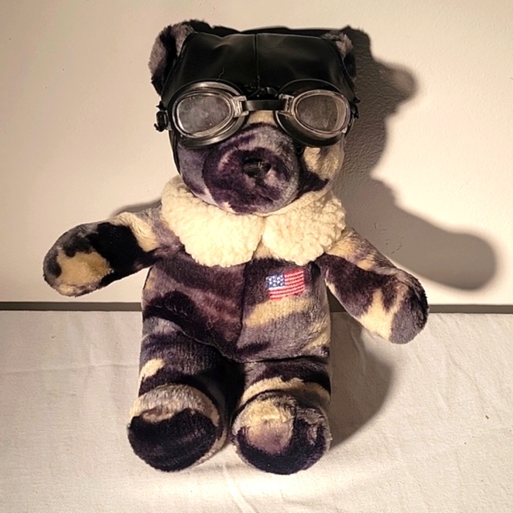 SKM Enterprises Camo Teddy Bear 14" Plush USA Pilot Aviator Hat Goggles & Collar